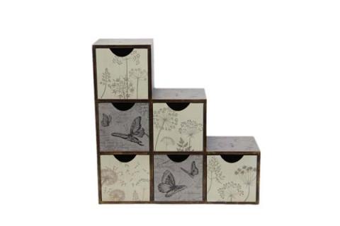 WOODEN 6 COMPARTMENT SMALL STORAGE DRAWERS WITH BUTTERFLY PRINT 19.25"X6.25"X19.25"