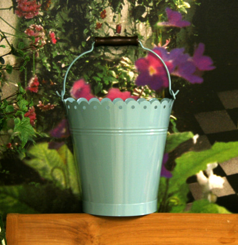 AQUA ENAMEL. HALF PAIL 8 1/2X 15H WITH HANDLE