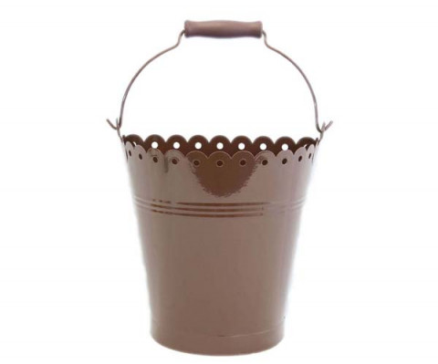 BROWN ENAMEL. HALF PAIL 8 1/2X 15H WITH HANDLE