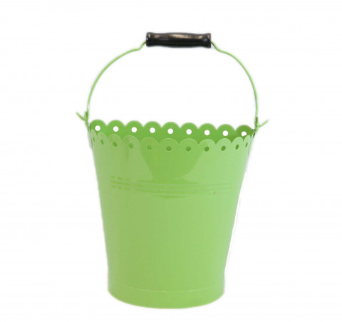 LIME GREEN ENAMEL. HALF PAIL 8 1/2X 15H WITH HANDLE