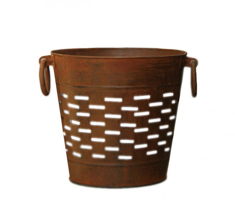 RUSTY AND BLACK LARGE ROUND OLIVE BUCKET WITH SIDE HANDLES