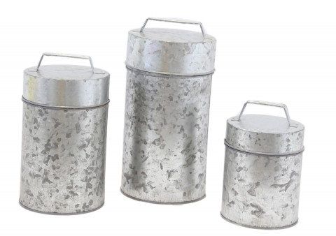 GALVANIZED CANISTER S/3 WITH HANDLE LARGE=6LXW6XH12 MD=5.5LX5.5WX10H SM=5LXW5X5H,SUGAR,COFFEE, FLOUR