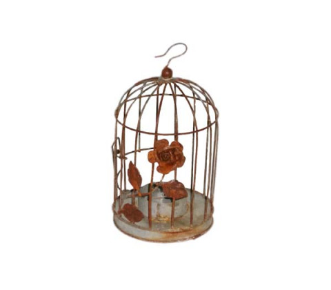 RUSTY ZINC HANGING BIRD HOUSE WITH TEALIGHT CANDLE AND ROSE