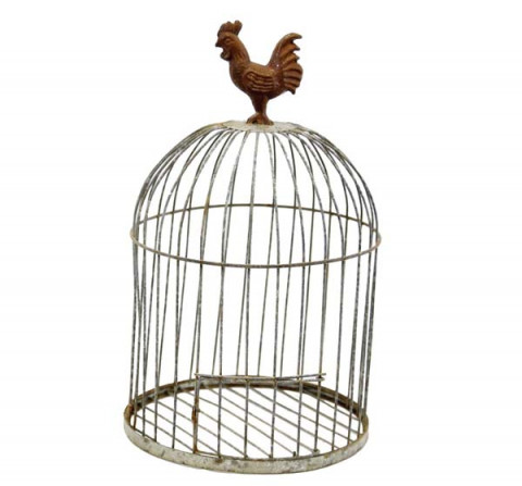 LARGE RUSTY ZINC BIRD HOUSE WITH PERCHED ROOSTER HANDLE