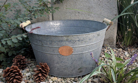 GRAY ZINC PARTY TUB WITH WOOD HANDLES COPPER PLAQUE