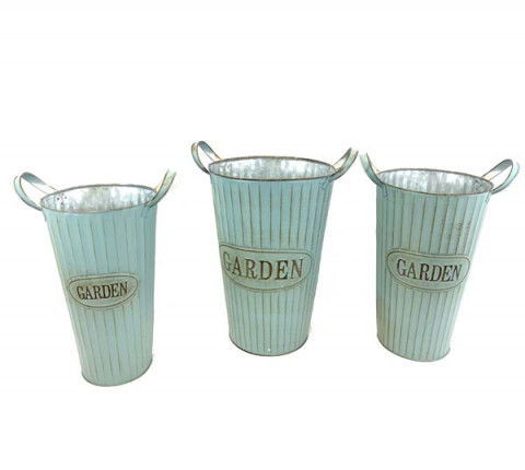 VINTAGE BLUE WITH COPPER BUCKETS WITH HANDLES, SET OF 3