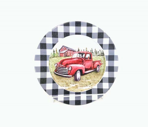 RED TRUCK WITH DOG WITH WHITE AND BLACK TRIM ROUND PLATE