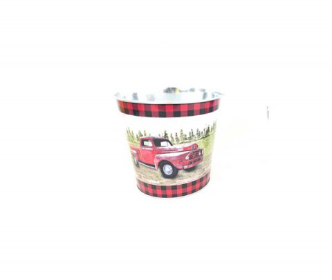 RED TRUCK WITH RED AND BLACK TRIM SMALL ROUND CONTAINER