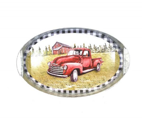 RED TRUCK WITH DOG WITH WHITE AND BLACK TRIM OVAL TRAY