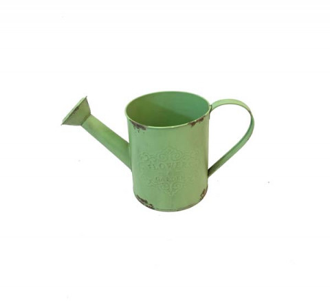 DISTRESSED SAGE WATERING CAN WITH EMBOSSED "FLOWERS & GARDEN"