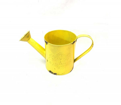 DISTRESSED LEMON YELLOW WATERING CAN WITH EMBOSSED "FLOWERS & GARDEN"