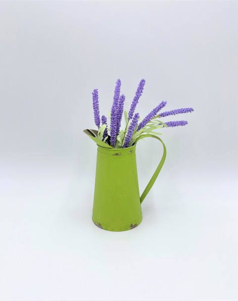 DISTRESSED LIME GREEN PITCHER WITH FLUER DE LIS DESIGN