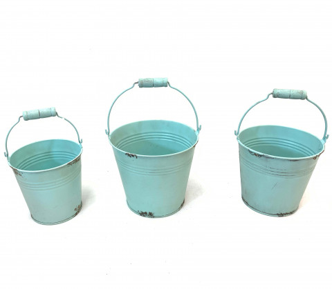 DISTRESSED AQUA PAIL WITH WOOD HANDLE S/3