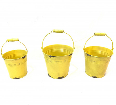DISTRESSED LEMON YELLOW PAIL WITH WOOD HANDLE S/3