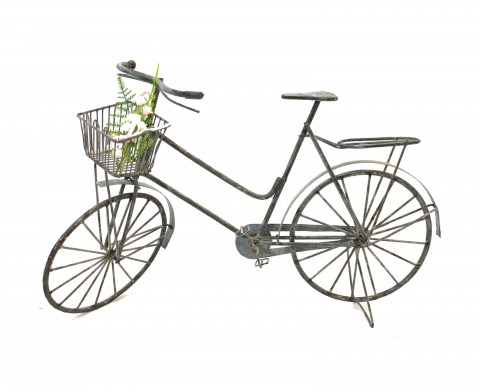 LARGE GRAY ZINC HAND MADE WIRE BICYCLE WITH BASKET