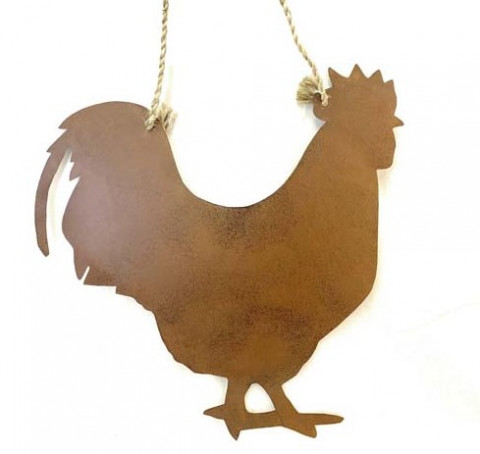 LARGE RUSTY BLACK ROOSTER WITH JUTE ROPE