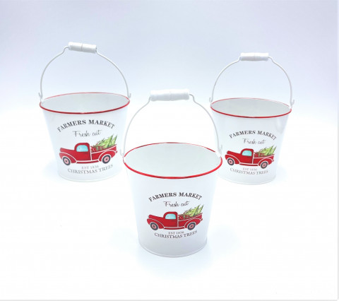 CHRISTMAS TRUCK PAILS MATTED WHITE/ RED S/3