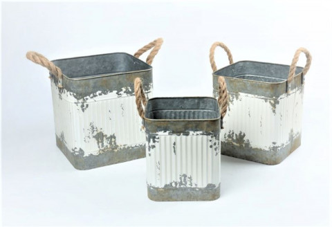 GRAY ZINC SQ PLANTERS W/ WHITE WASH AND ROP HANDLES