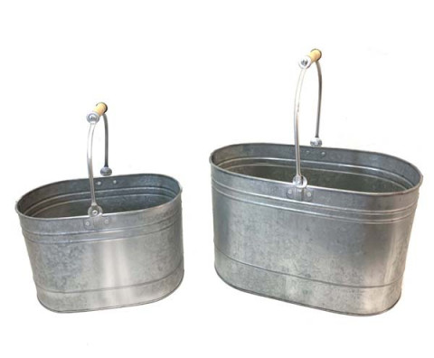 GALVANIZED LARGE OVAL BUCKETS WITH WOOD HANDLE S/2
