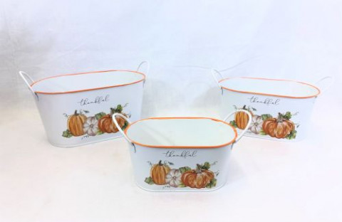 WHITE AND ORANGE OVAL TUBS W/PUMPKIN PRINTS