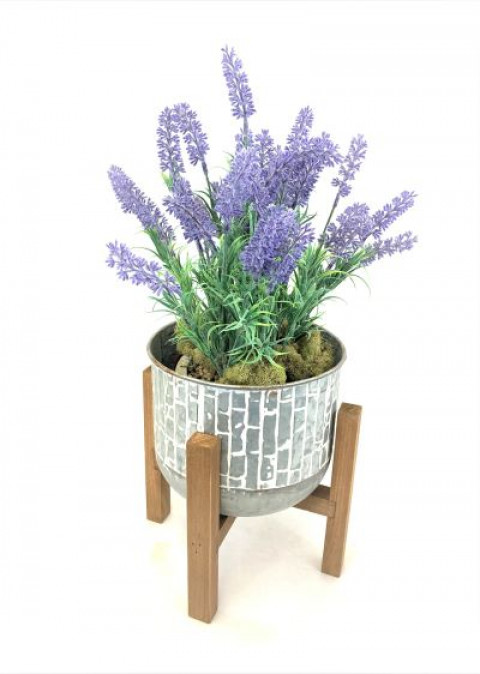 MED. WHITE WASH PLANTER W/ WOOD STAND