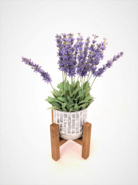 SM. WHTIE WASH PLANTER W/WOOD STAND