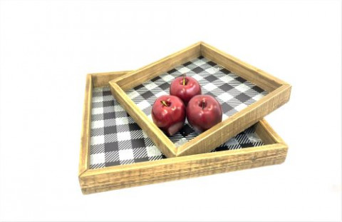 SQ. GALV./ BLACK PLAID TRAY W/WOOD FRAME S/2