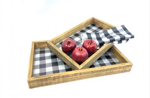 RECT. GALV./ BLACK PLAID TRAY W/WOOD FRAME S/2