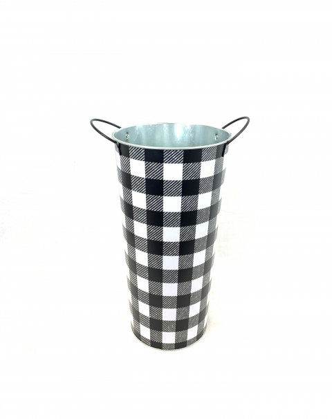 MED. BLACK & WHITE PLAID BUCKET 16.25" H X 7.75"DIAMETER 6" B