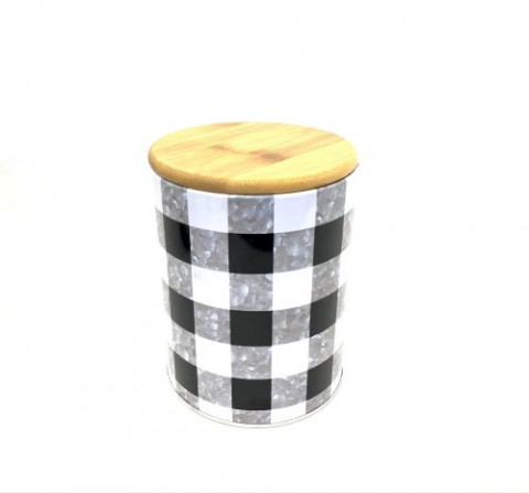 TALL BLACK,WHITE & GALV. PLAID CANISTER W/LID