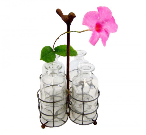 RUSTY COMPARTMENTALIZED FOUR GLASS JAR HOLDER WITH BIRD HANDLE