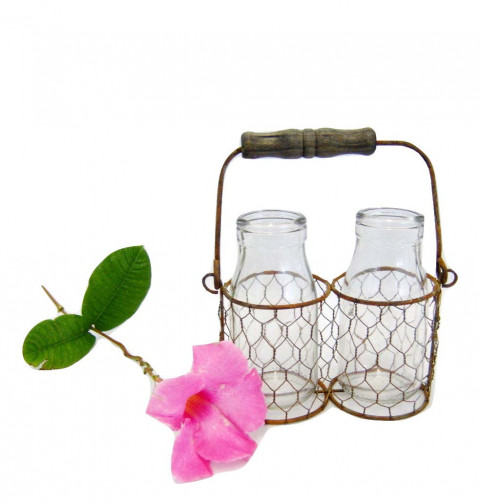 GRAY ZINC COMPARTMENTALIZED CHICKEN WIRE 2 JAR HOLDER