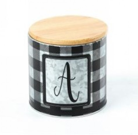 BLACK & GALV. BUFFALO PLAID AIR TIGHT CANISTER W/LID AND "A"
