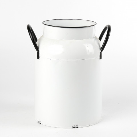 ENAMEL WHITE MILK CAN WITH BLACK TRIM AND HANDLES 9.06X7.28XH