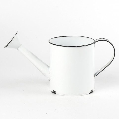 WHITE ENAMEL WATERING CAN PLANTER WITH BLACK TRIM AND HANDLES
