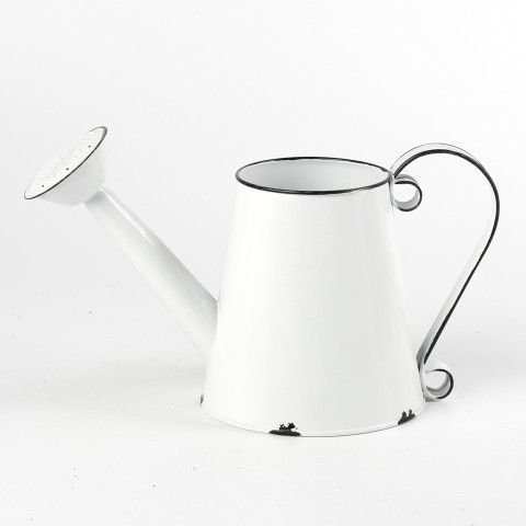 WHITE ENAMEL WATER CAN PLANTER W/ FANCY HANDLE 11.42XD5.12XH5