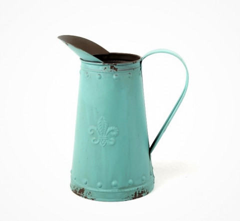 DISTRESSED AQUA PITCHER WITH FLUER DE LIS DESIGN