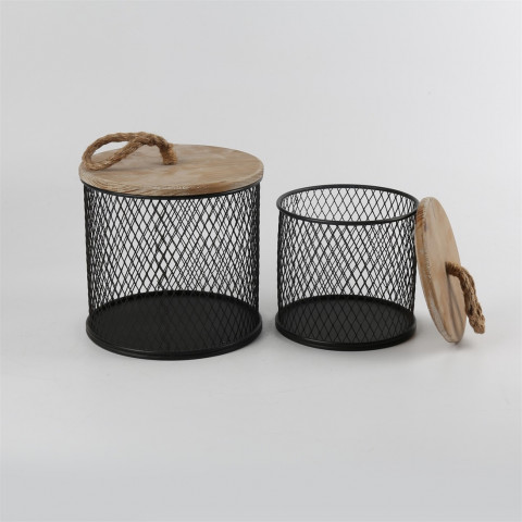 BLACK WIRE & WOOD CONTAINER S/2 L:7.87X7.48X12.2 S:6.3X6.1X9.