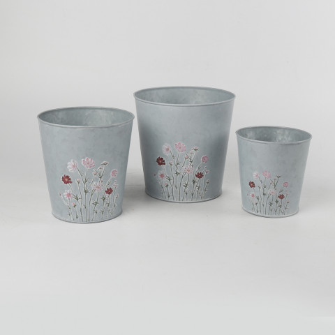 GRAY WASH W/ EMBOSSED FLOWERS BUCKETS S/3