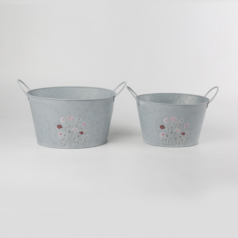 GRAY WASH OVAL TUBS W/ EMBOSSED FLOWERS S/2