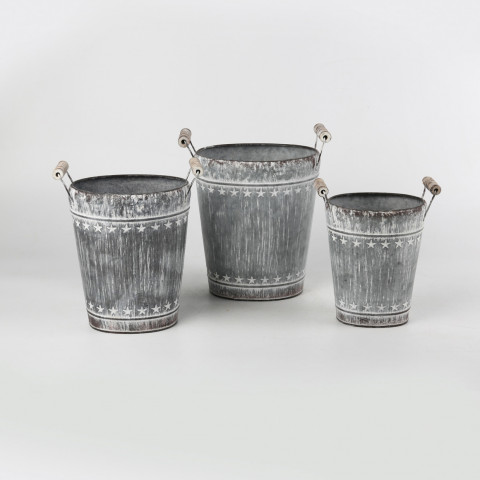 GRAY WASH TIN PAILS S/3 W/STARS