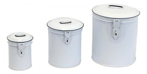 ROUND WHITE ENAMEL CANISTERS S/3 7", 5.5", 4"